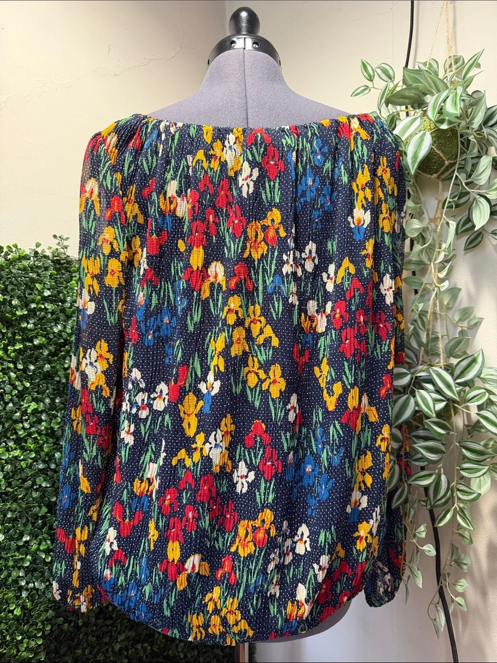 Tory Burch Navy Floral Tie-Neck Peasant Blouse with Tassels